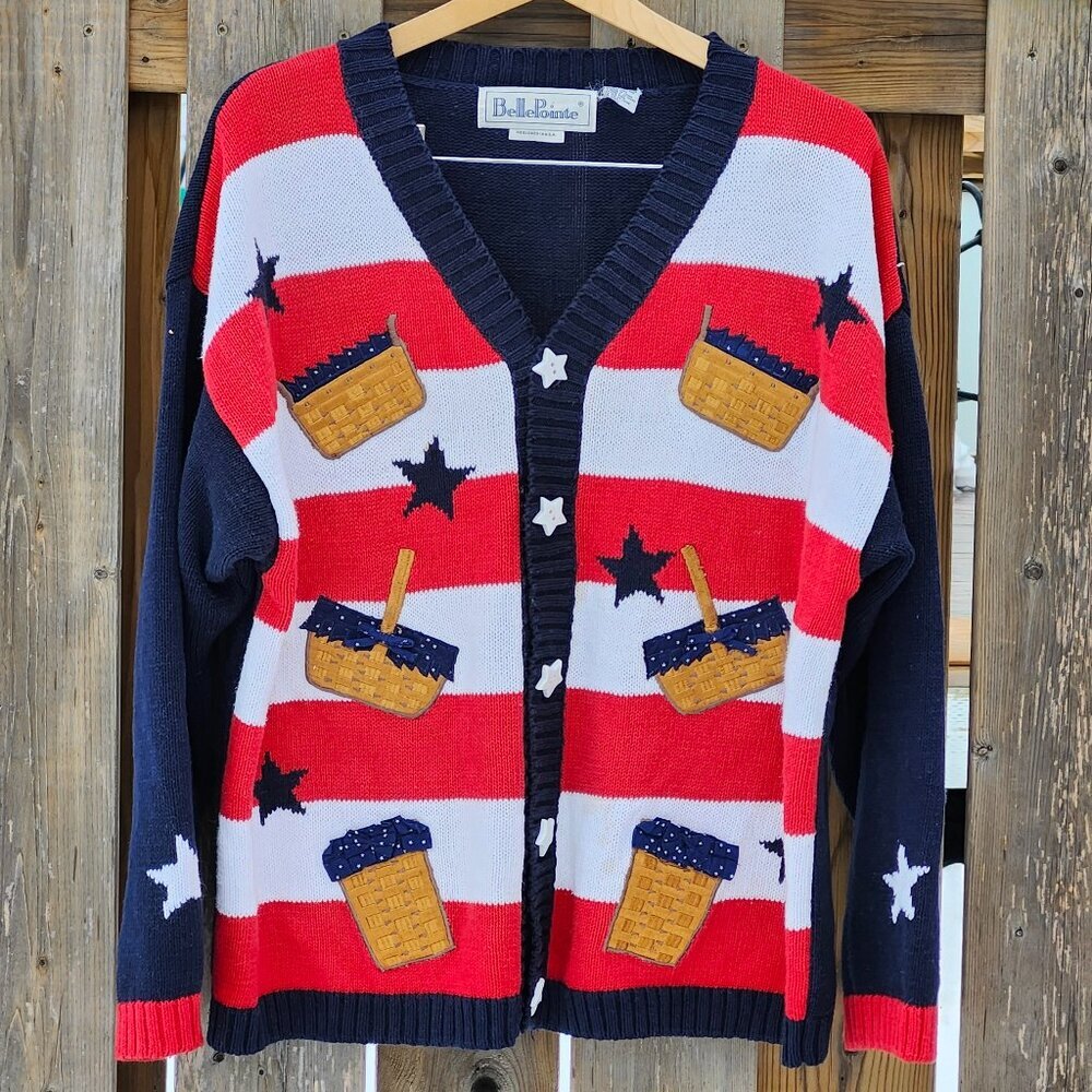 Vintage Longaberger Basket Knit Sweater Women Size XL American Flag Belle Pointe